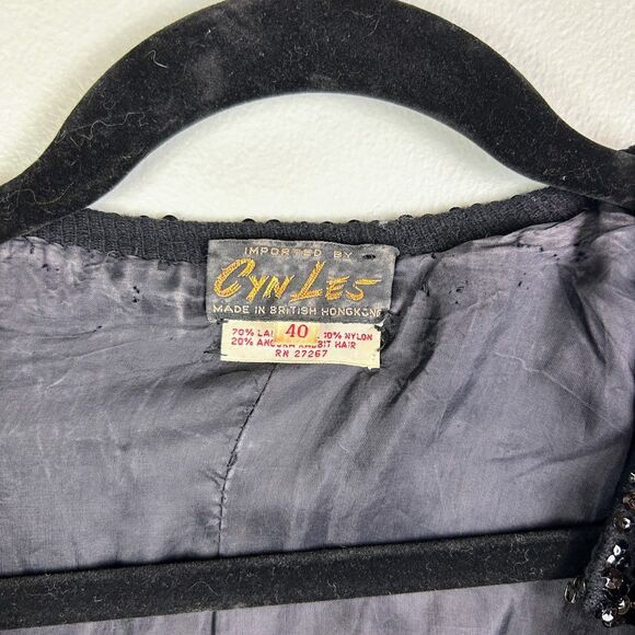 Cyn Les Vintage 1950's Lambs Wool & Angora Sequin Beaded Knit Cardigan Black 40 - Picture 13 of 15